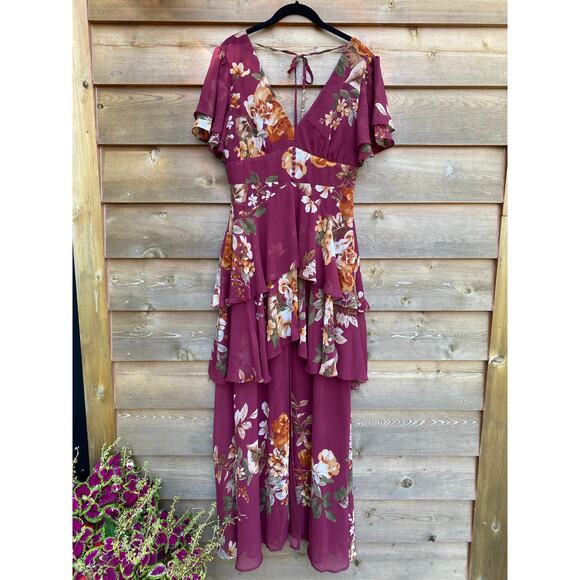 Lulus Midnight Mood Burgundy floral tiered ruffle maxi dress - Picture 1 of 9